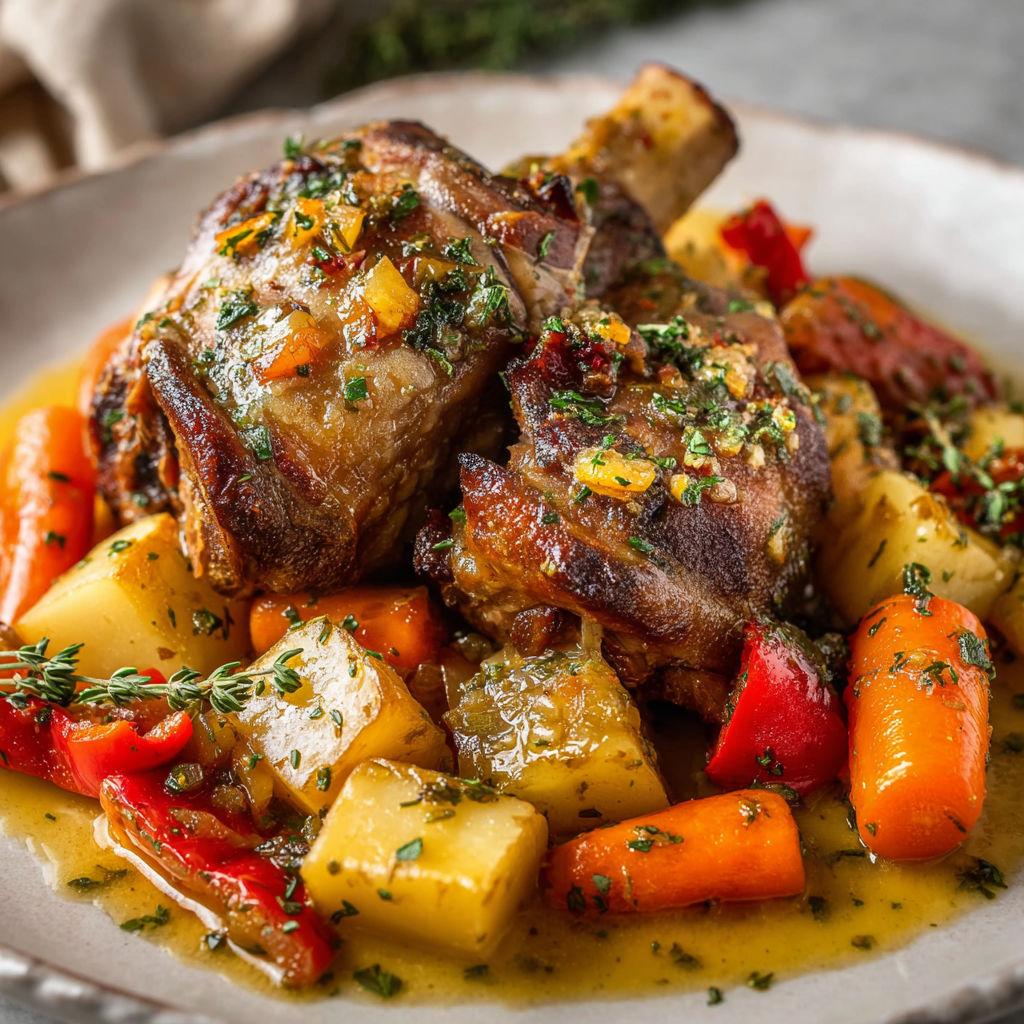 Une assiette de jarret de porc confit aux légumes racines et jus aux herbes, accompagnée de carottes et de tomates.