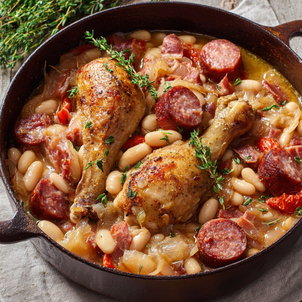 Cassoulet de mamie au poulet et saucisse est un plat traditionnel français qui contient des poulets, des saucisses et des haricots verts.