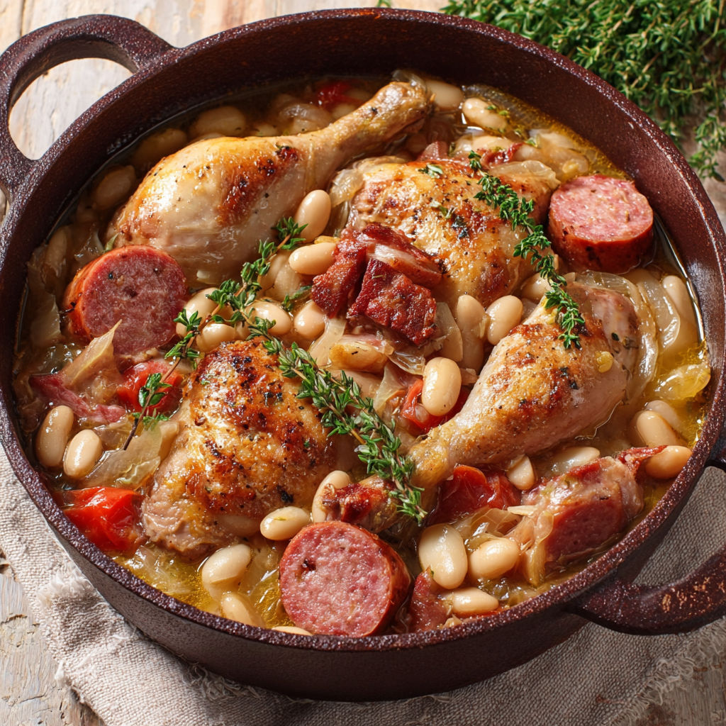 Une recette de Cassoulet maison de mamie : poulet fondant et saucisses fumées.