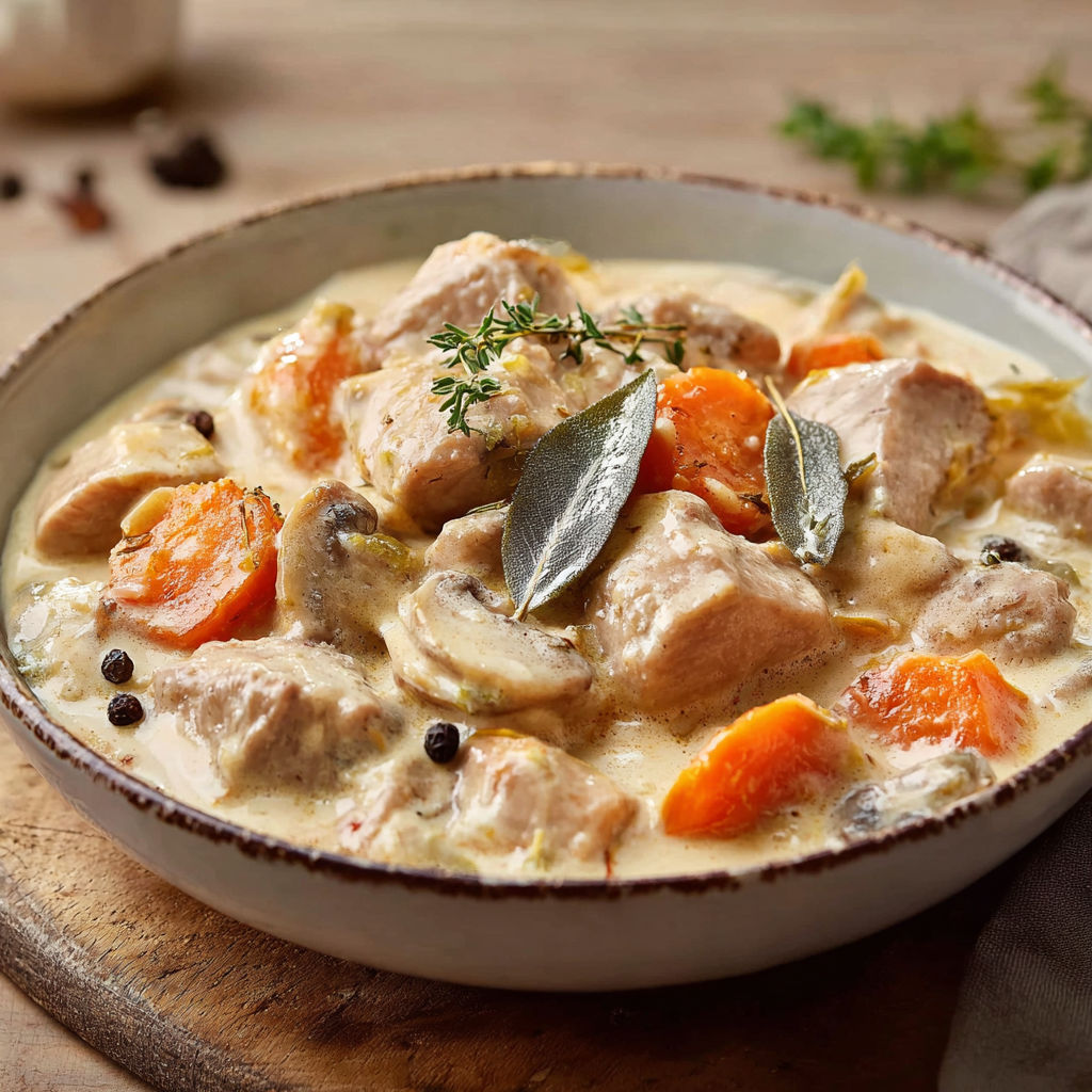Une assiette de blanquette de veau minceur au thermomix est servie sur une table.
