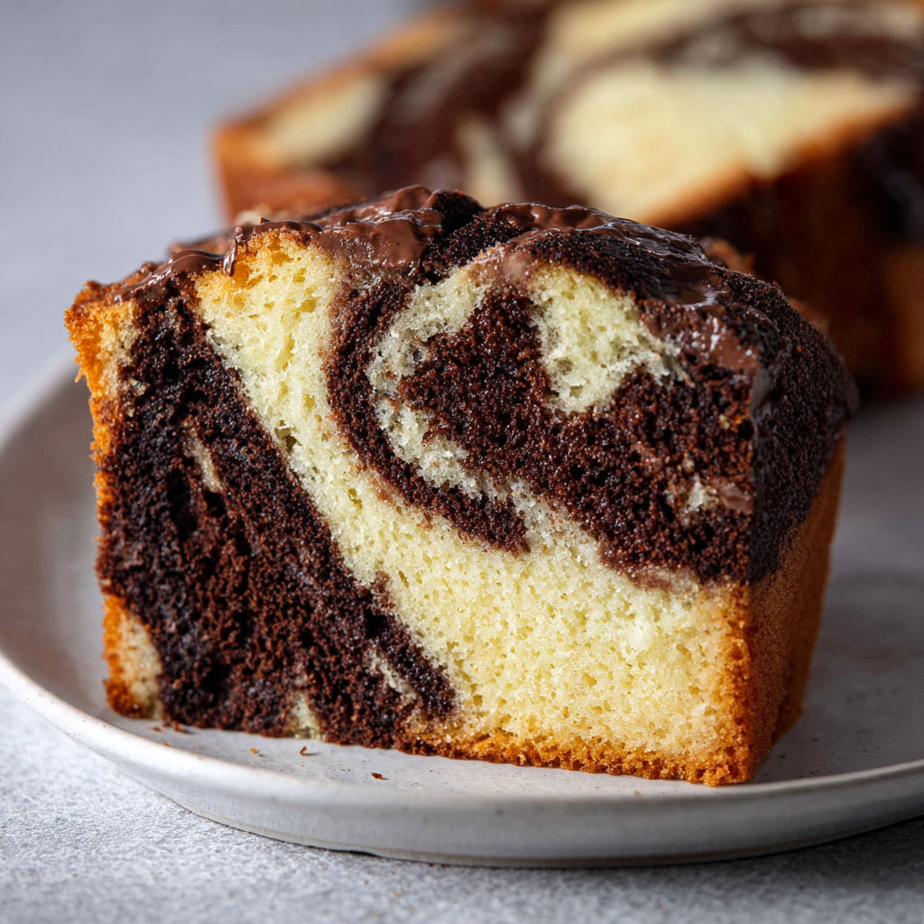 Une portion de Gâteau marbré vanille chocolat ultra moelleux facile à réaliser.