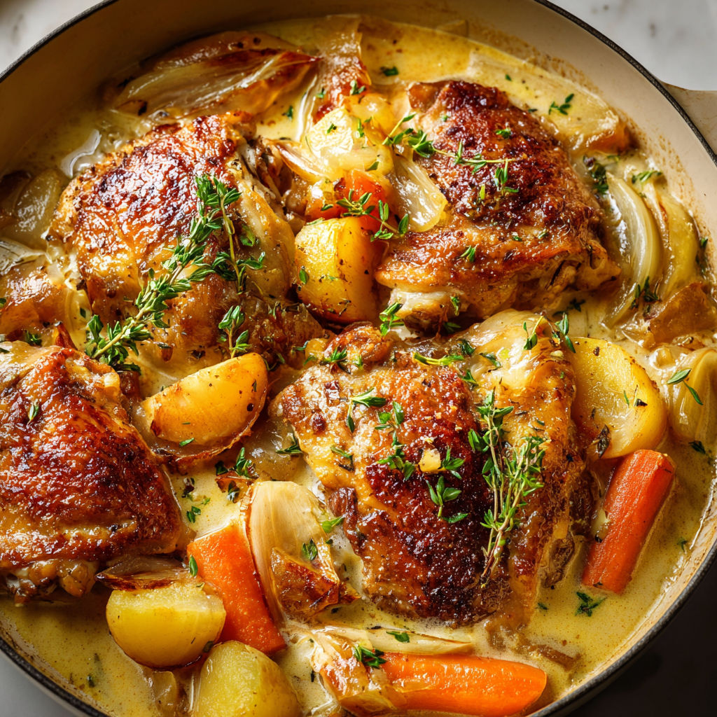Une recette de Poulet braisé au cidre brut façon cuisine normande généreuse.
