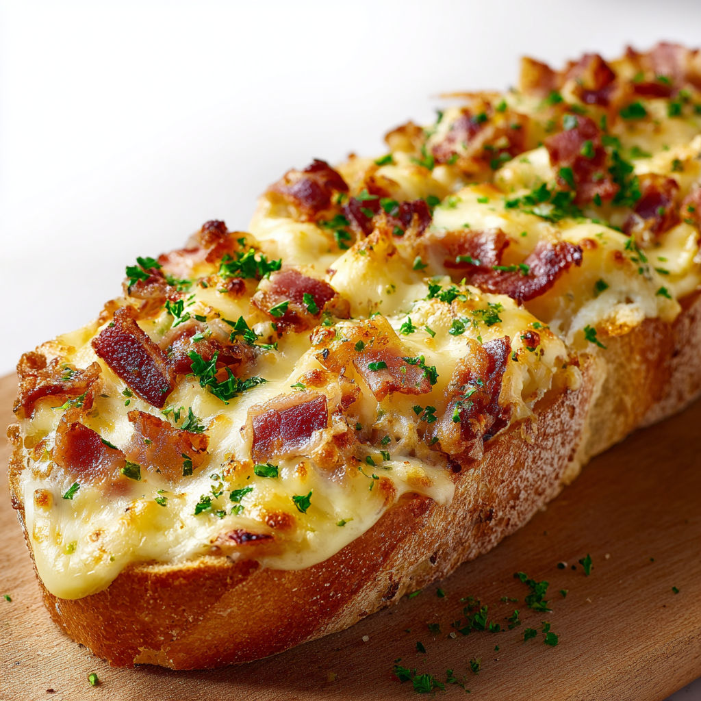 Une baguette gratinée à la raclette, avec des herbes et des bacon, sur un plateau de bois.