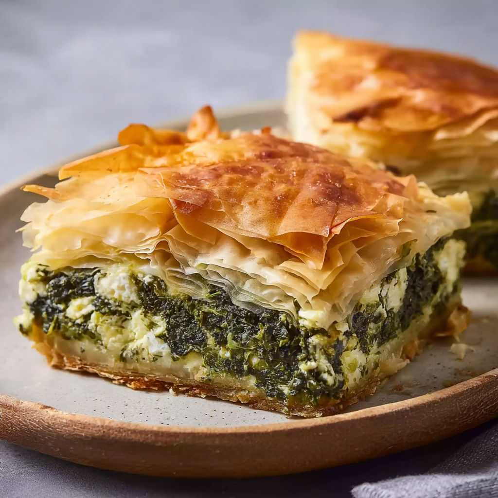 Un plat de Spanakopita (feuilletés aux épinards et à la feta) sur un plateau.