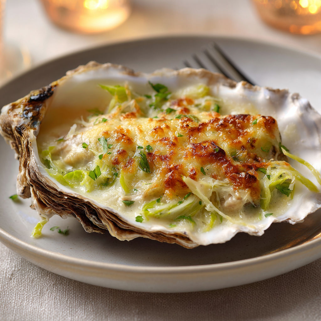 Une portion de Huîtres gratinées aux poireaux sur un plateau.