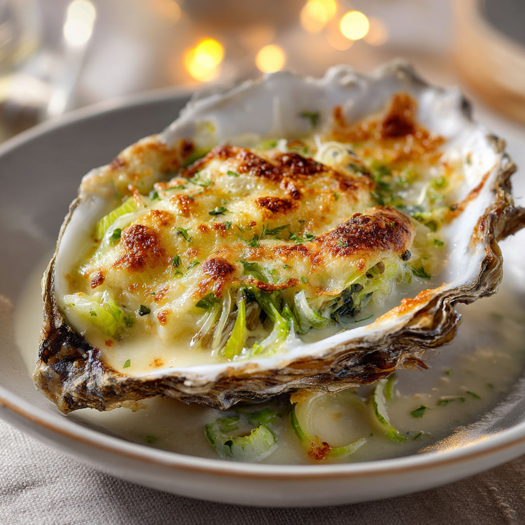 Une assiette de huîtres gratinées aux poireaux, accompagnée d'une bouteille de vin.