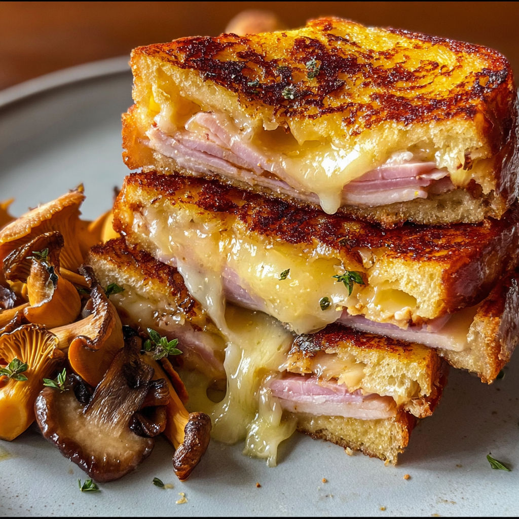 Une image de sandwichs croque-monsieur, avec des mushrooms et du fromage, sur un plateau.