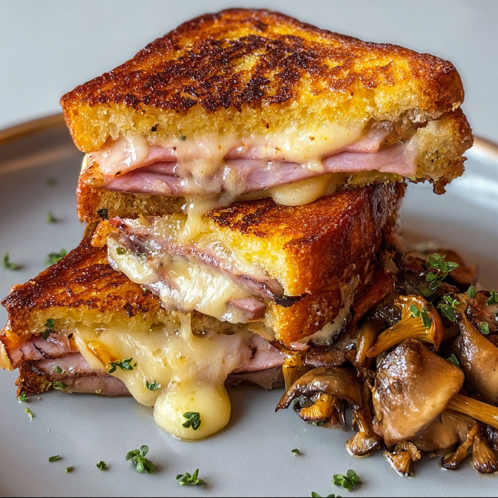 Croque perdu brioché à la truffe au comté fondant et girolles dorées.