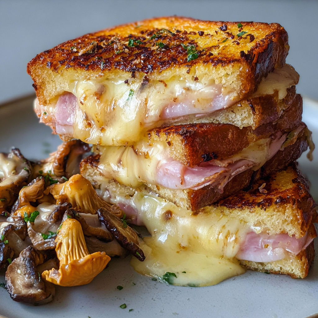 Croque monsieur façon pain perdu au jambon truffé et cœur de comté.