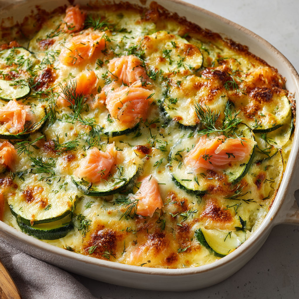 Un plat de gratin de courgettes au saumon fumé.