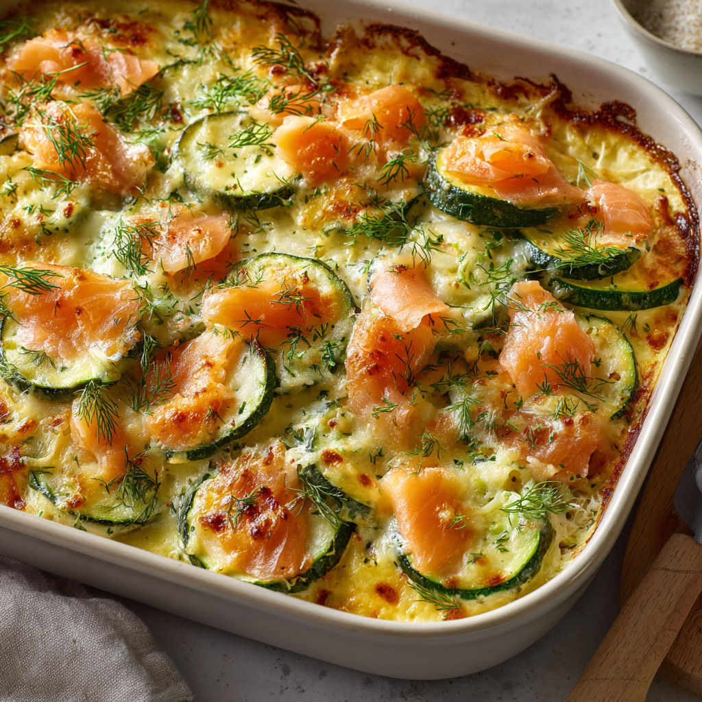 Gratin fondant de courgettes au saumon fumé et crème onctueuse.