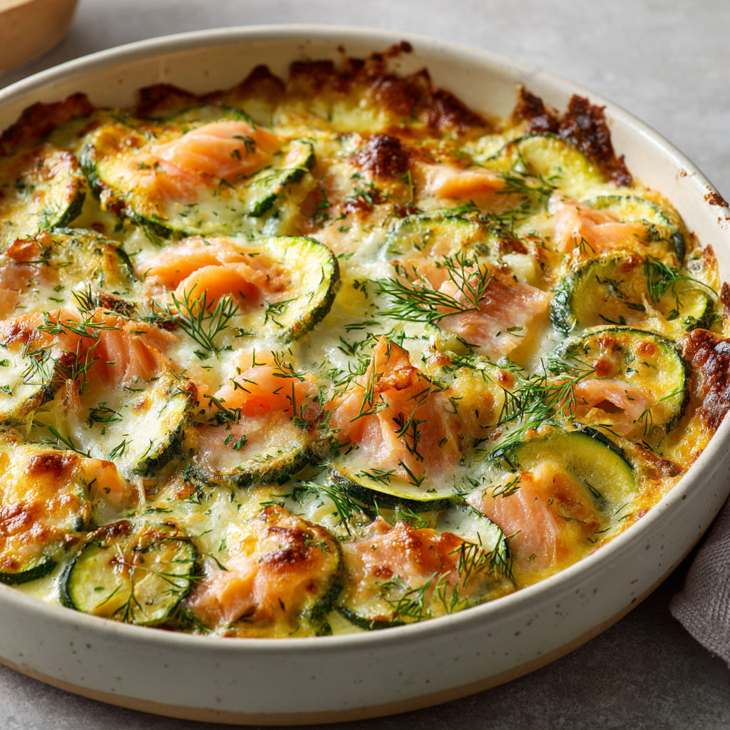 Gratin léger de courgettes au saumon fumé façon maison.