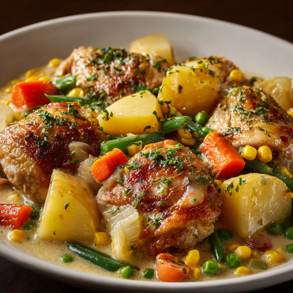 Fricassée de poulet aux légumes, poulet tendre doré avec pommes de terre et légumes en sauce crémeuse.
