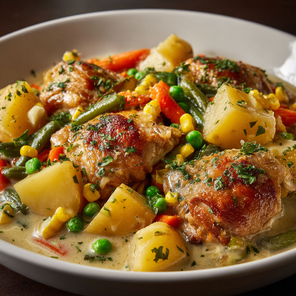 Fricassée de hauts de cuisses de poulet, légumes mijotés et sauce onctueuse à la crème.