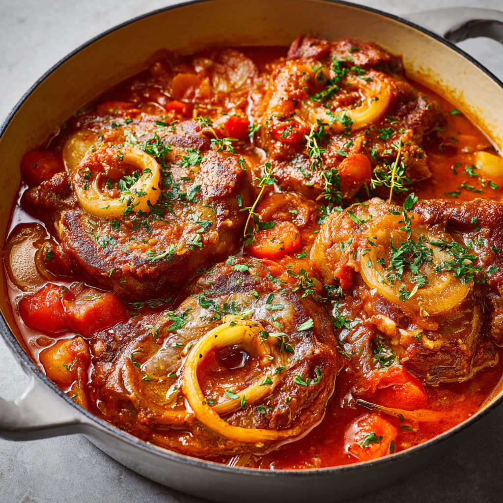 Osso bucco fondant aux carottes, oignons et bouillon de volaille, servi bien chaud.