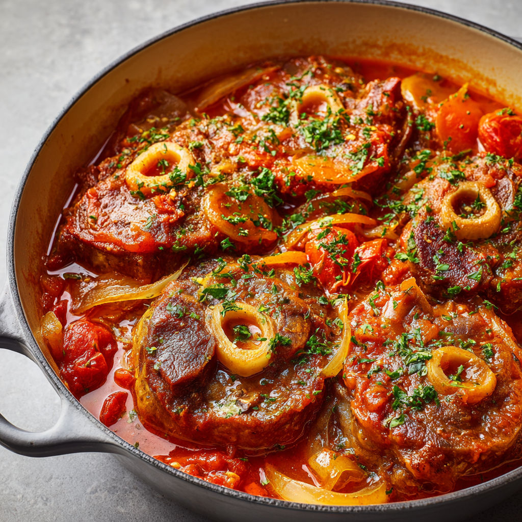 Un plat d'Osso buco à la milanaise, jarret de veau tendre mijoté aux légumes et vin blanc.