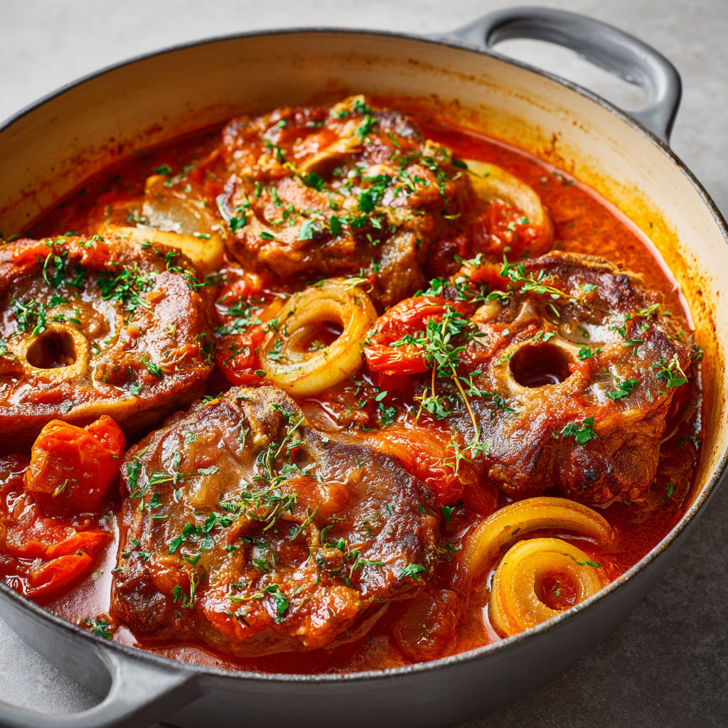 Osso buco à la milanaise (le meilleur) - Un plat de viande de boeuf mijoté dans une sauce tomate et herbes, avec des oignons et des carottes ajoutés pour une saveur supplémentaire.