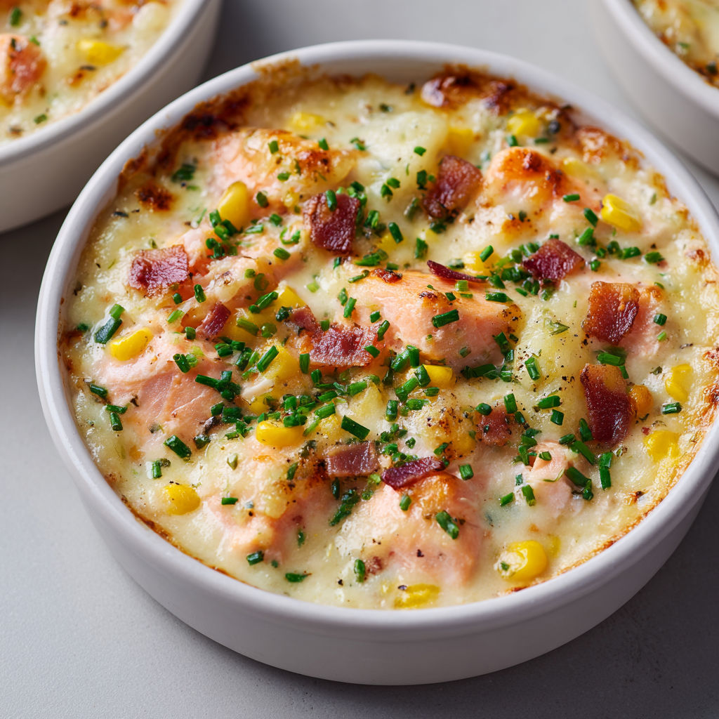 Une chaudrée gratinée au saumon et au maïs est servie dans un bol.