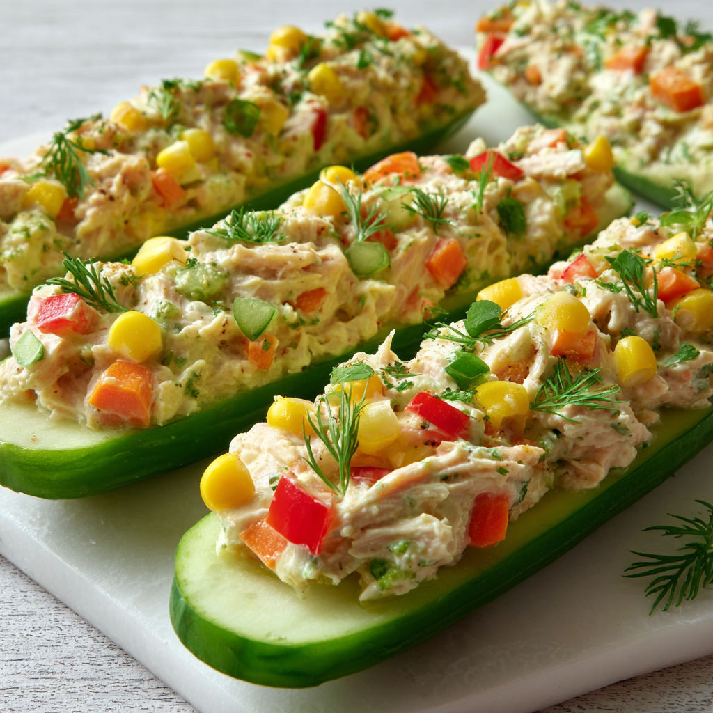 Concombres farcis au poulet croquant et légumes frais.