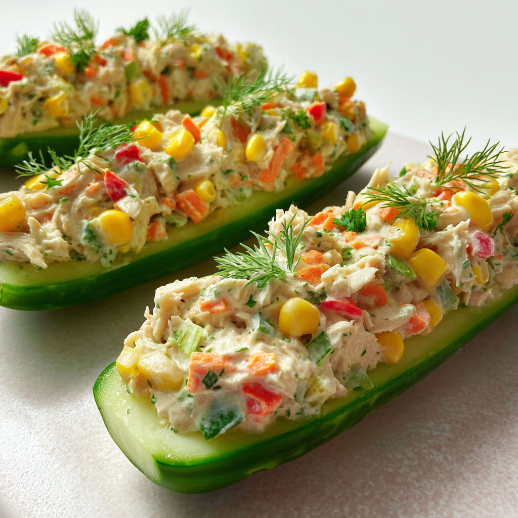 Barquettes de concombre au poulet crémeux et maïs croquant.