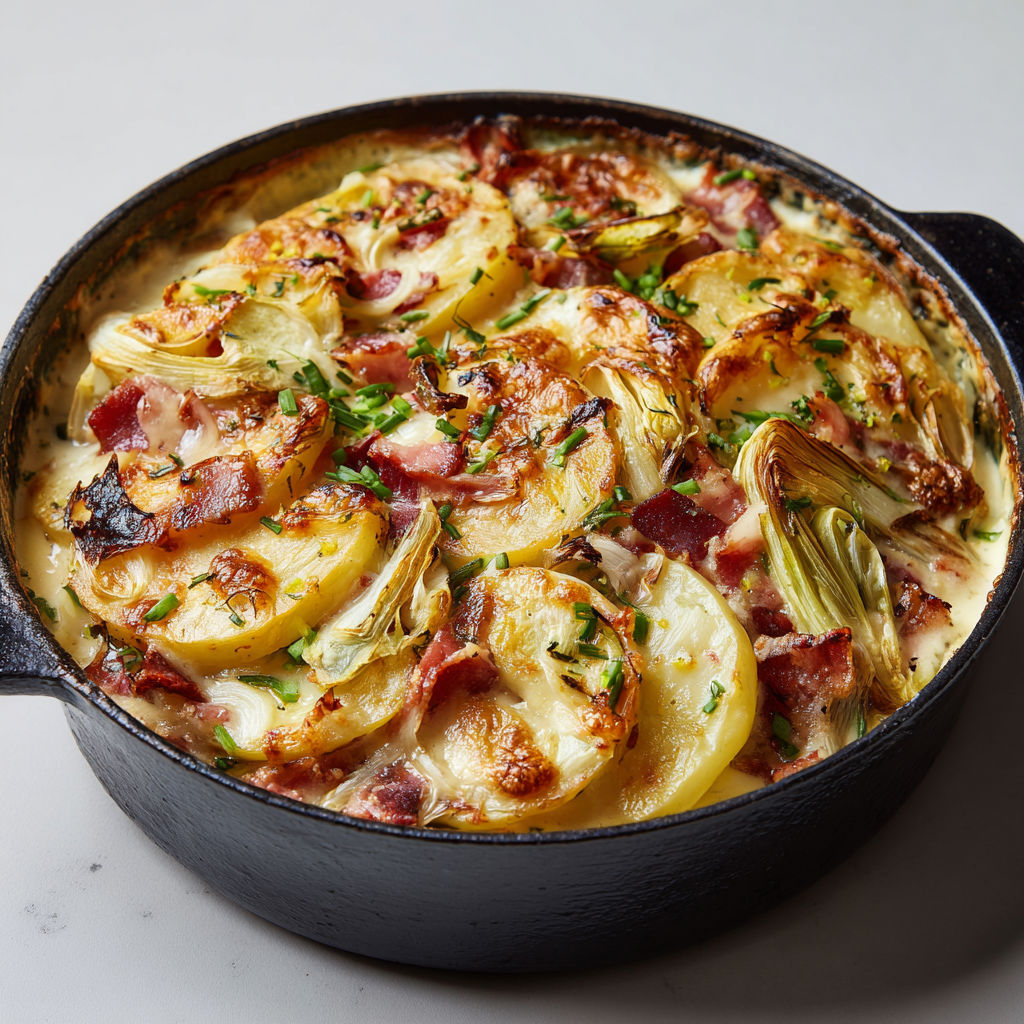 Tofaye vosgienne fondante aux poireaux et porc fumé.