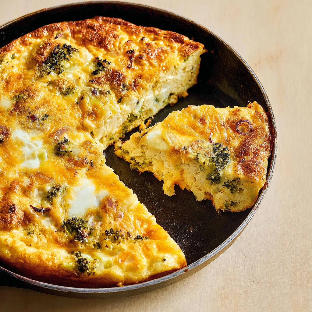 Une frittata aux deux choux est servie dans un plat en fonte.