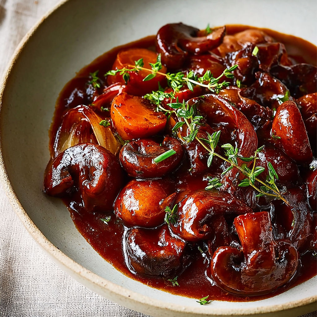 Champignons mijotés façon bourguignon, thym frais et légumes fondants.