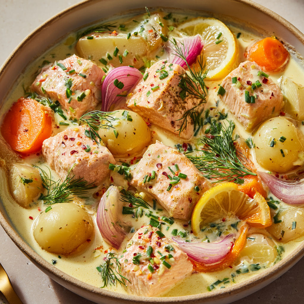 Une blanquette de saumon, sauce poulette, est servie dans un bol.