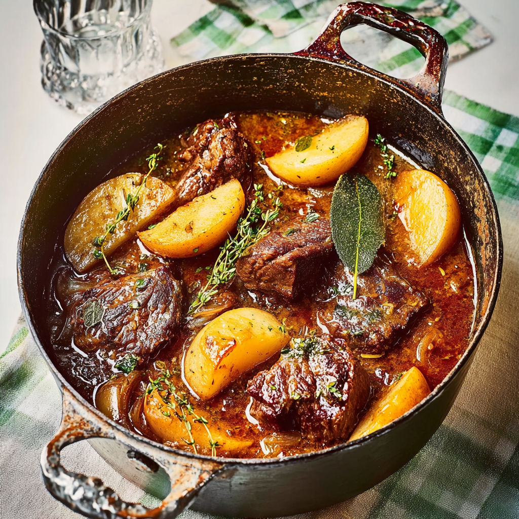 Un plat de joue de boeuf au cidre et aux pommes, avec des pommes et des herbes fraîches ajoutées.
