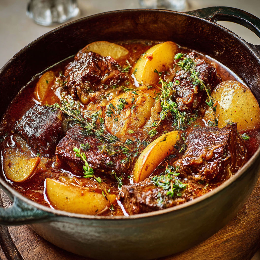 Une casserole de Joue de bœuf au cidre et pommes, tendre et parfumée, sauce douce et dorée.