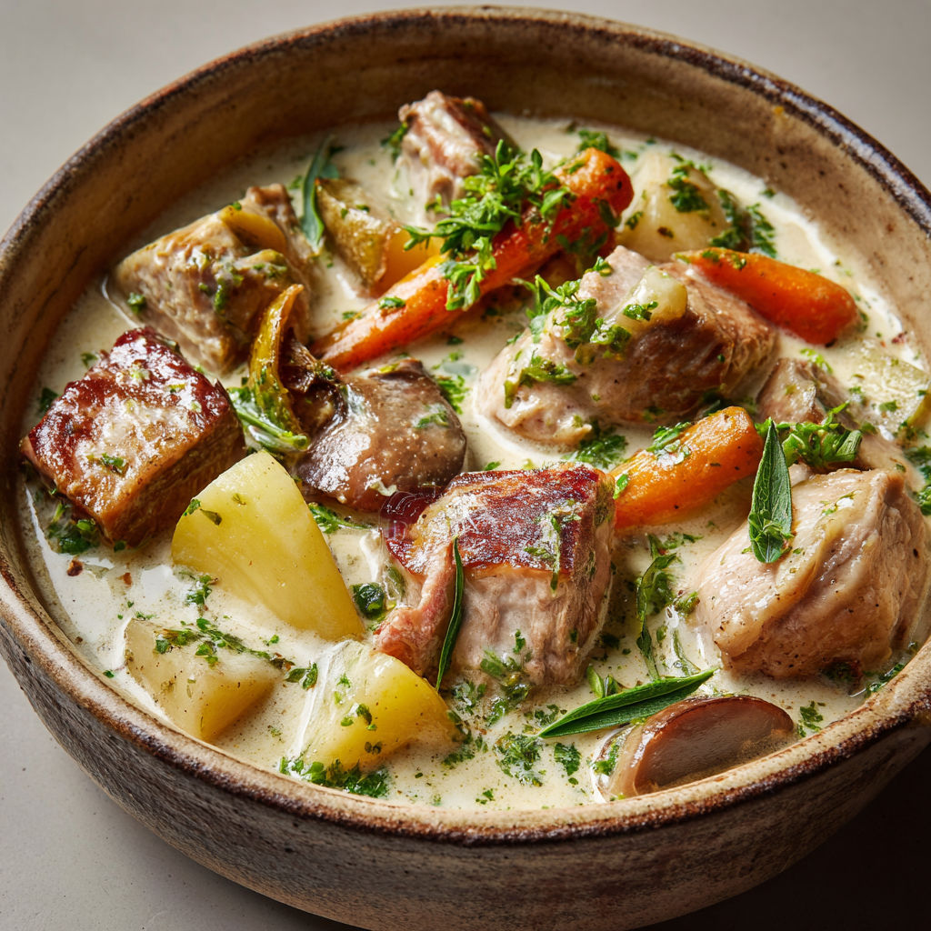 Blanquette de veau délicate à la verveine citronnée et sauce émulsionnée.