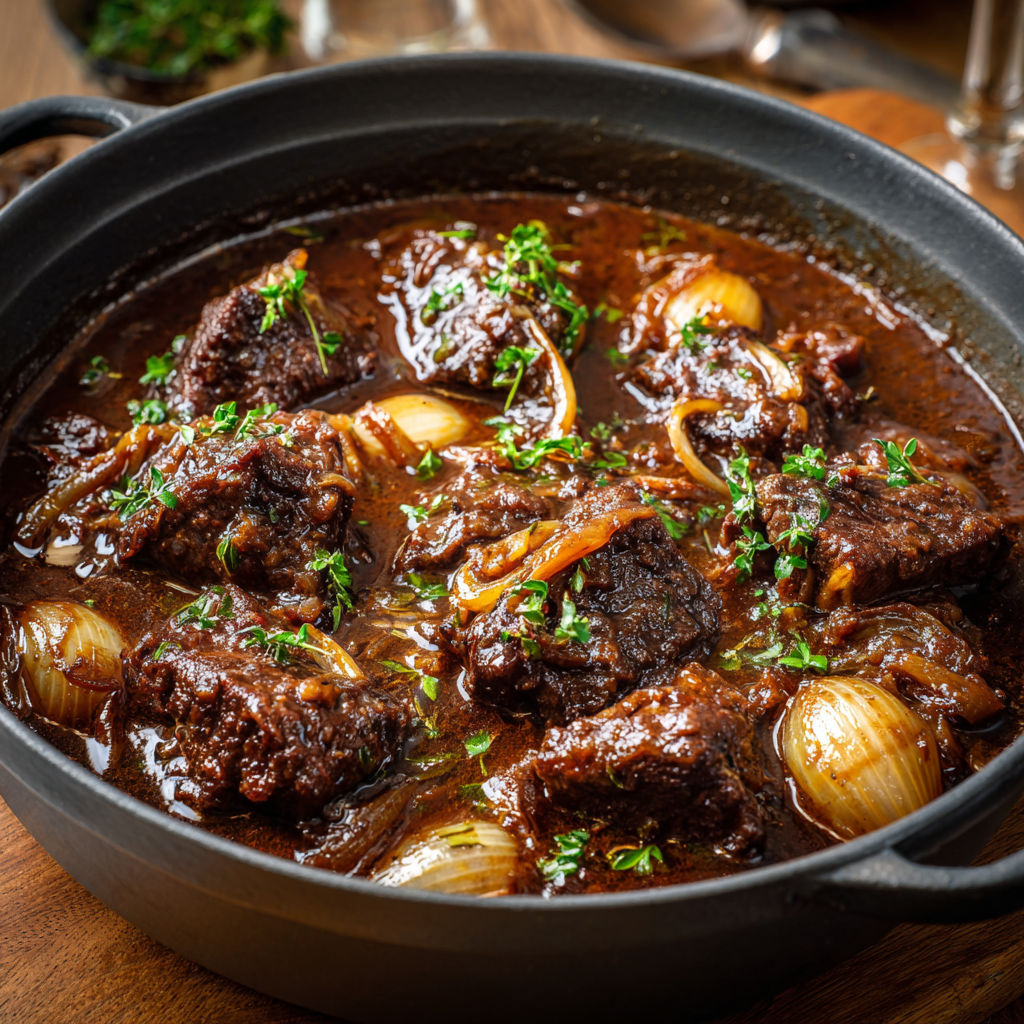 Carbonnade flamande à la bière rousse, bœuf fondant mijoté longuement avec oignons, pain d’épices et épices, sauce riche et légèrement sucrée.