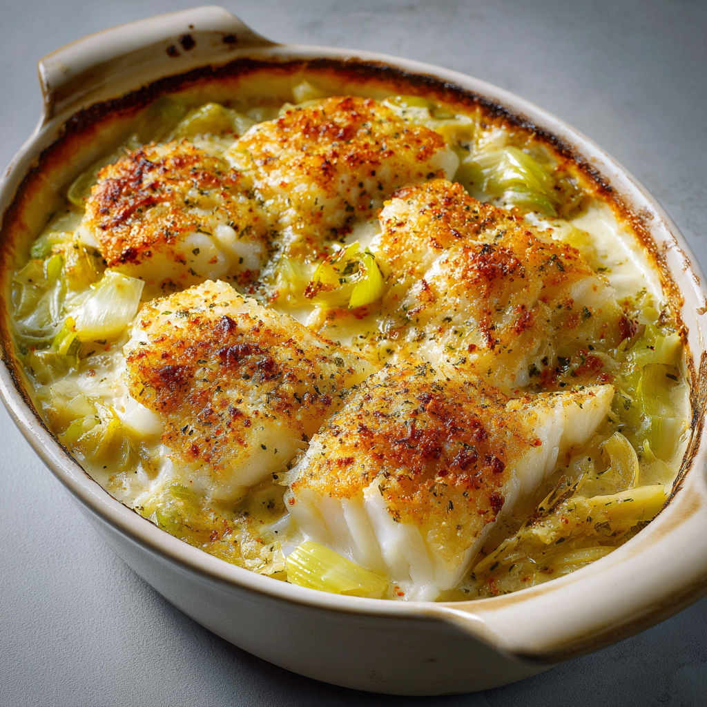 Une gratinée de cabillaud aux poireaux et crème, servie dans un bol en porcelaine.