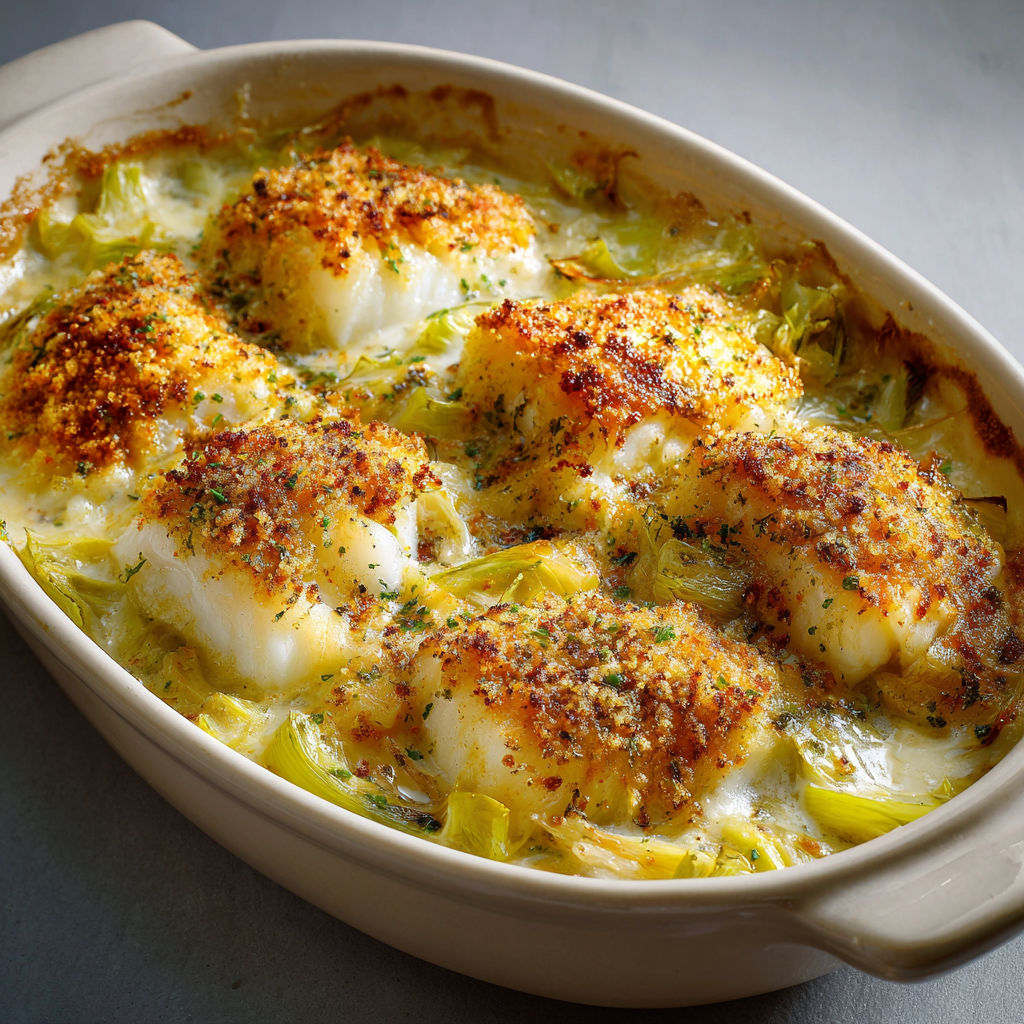Une casserole de Cabillaud délicat gratiné, fondue de poireaux crémeuse et fromage doré.