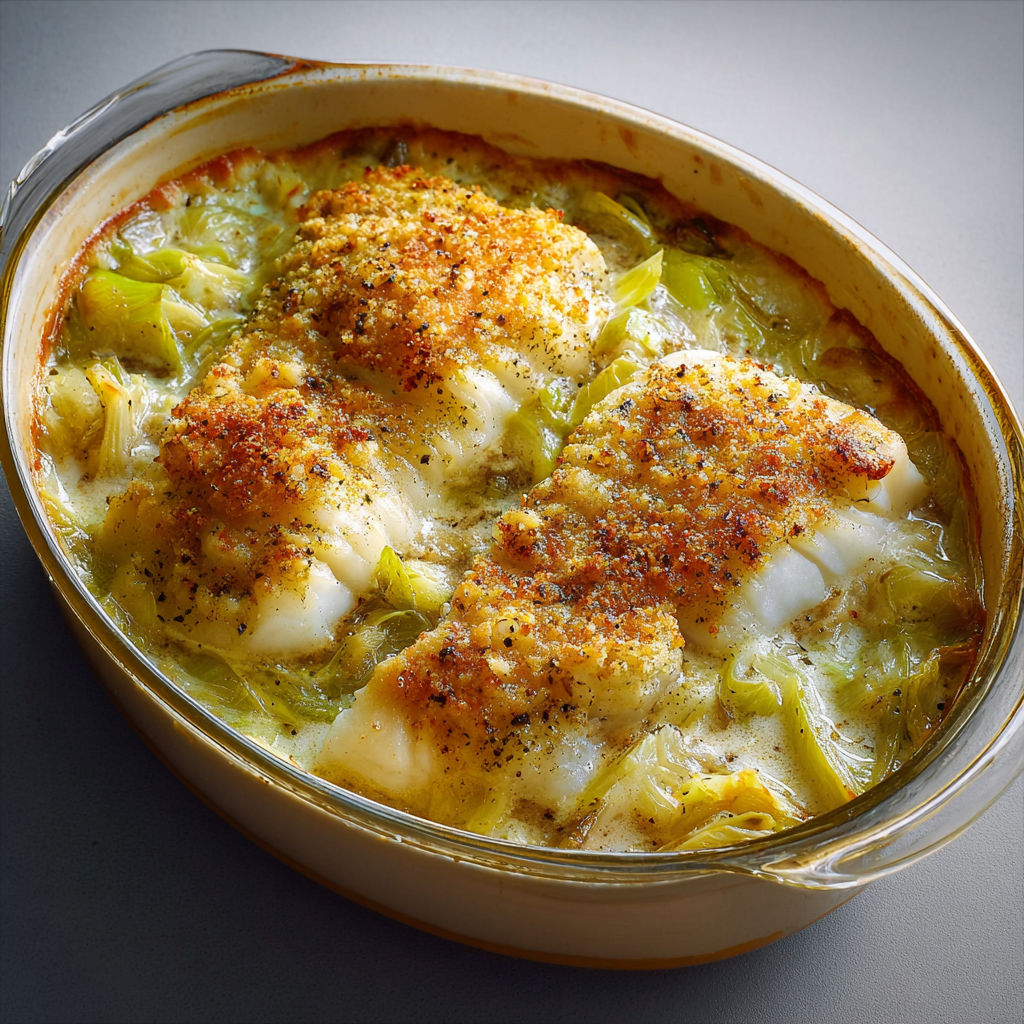 Gratin gourmand de poisson blanc aux poireaux fondants et touche de moutarde.