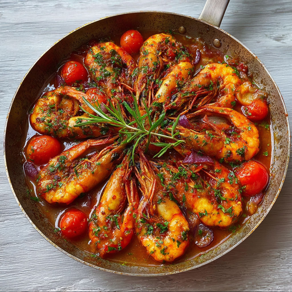 Gambas poêlées à l’ail et tomates confites aux herbes du Sud.