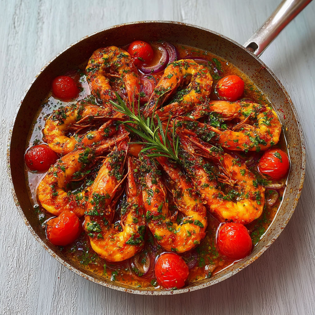 Poêlée de gambas gourmandes aux tomates mûries, huile d’olive et aromates du soleil.
