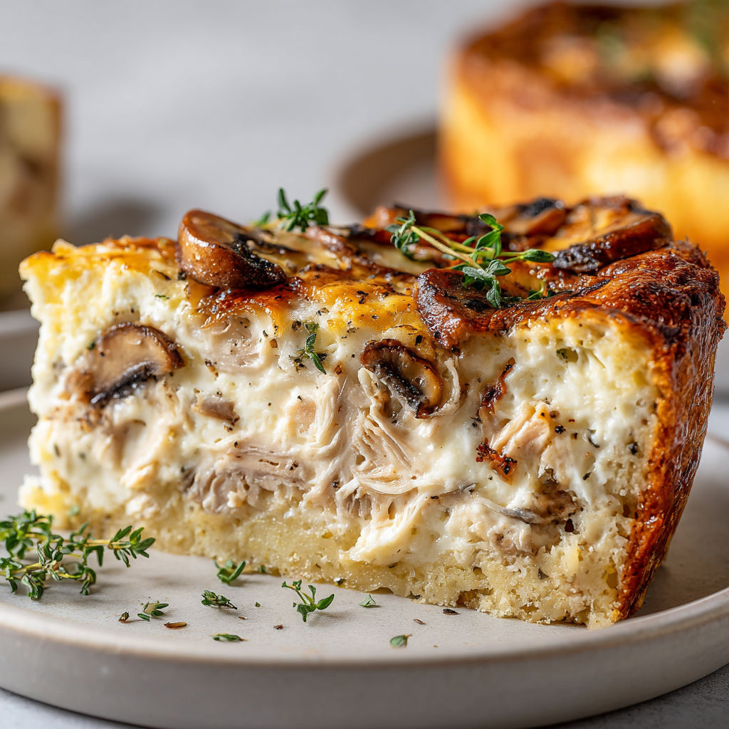 Une quiche sans pâte au thon et champignons est servie sur un plateau.