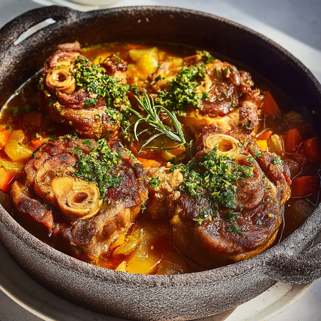 Osso-bucco fondant au vin blanc et gremolata d’agrumes.