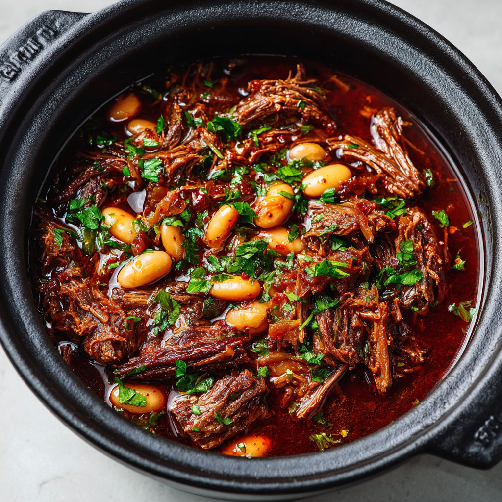 Une casserole de bœuf braisé au vin rouge et aux épices, accompagnée de haricots blancs.