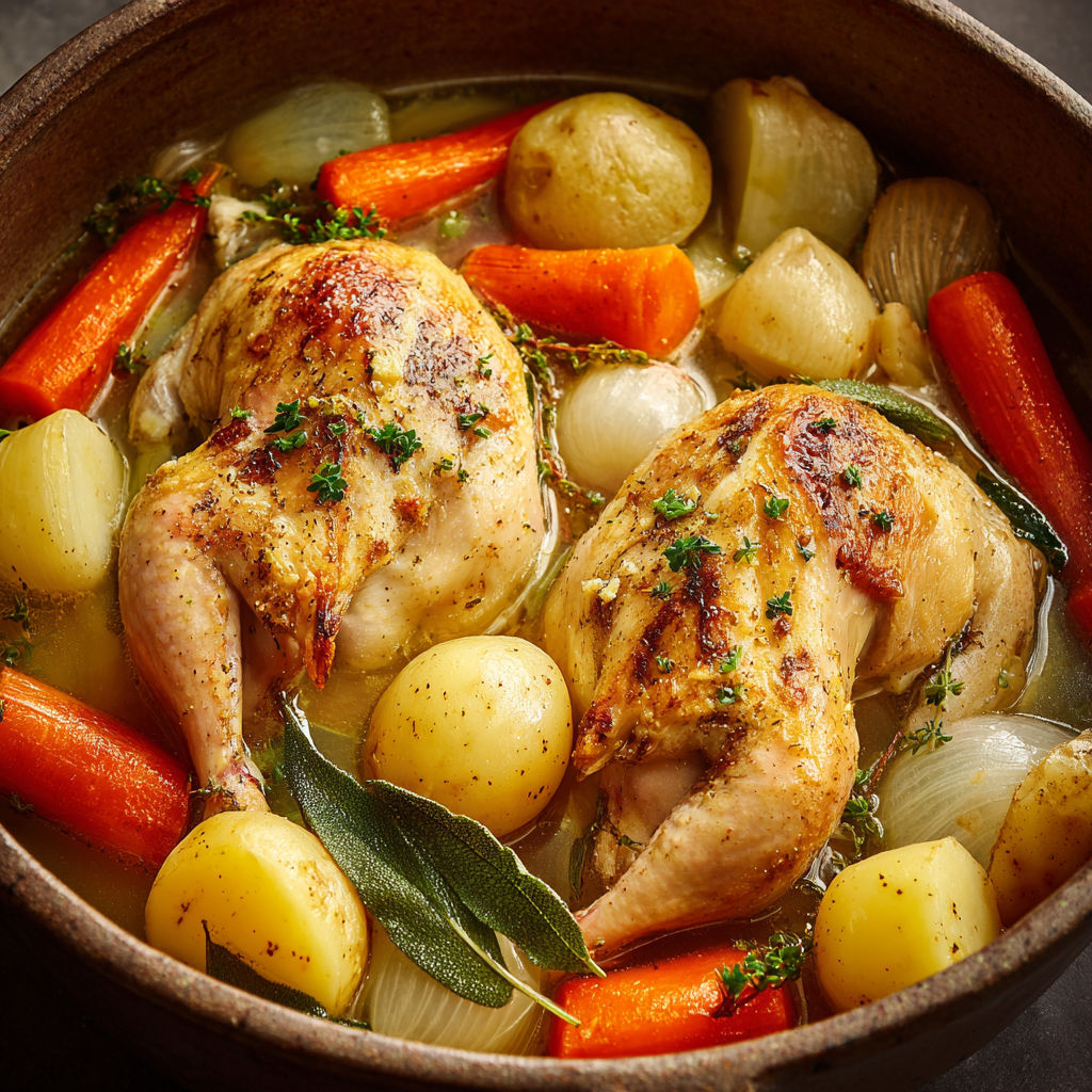 Coquelets pochés en pot-au-feu, une recette traditionnelle qui combine des légumes et des viandes pour créer une soupe savoureuse et nourrissante.