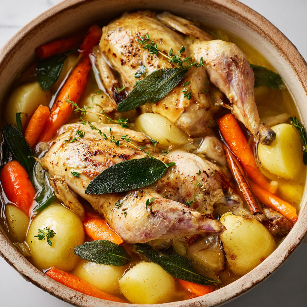 Coquelets pochés façon pot-au-feu, légumes fondants et bouillon parfumé.