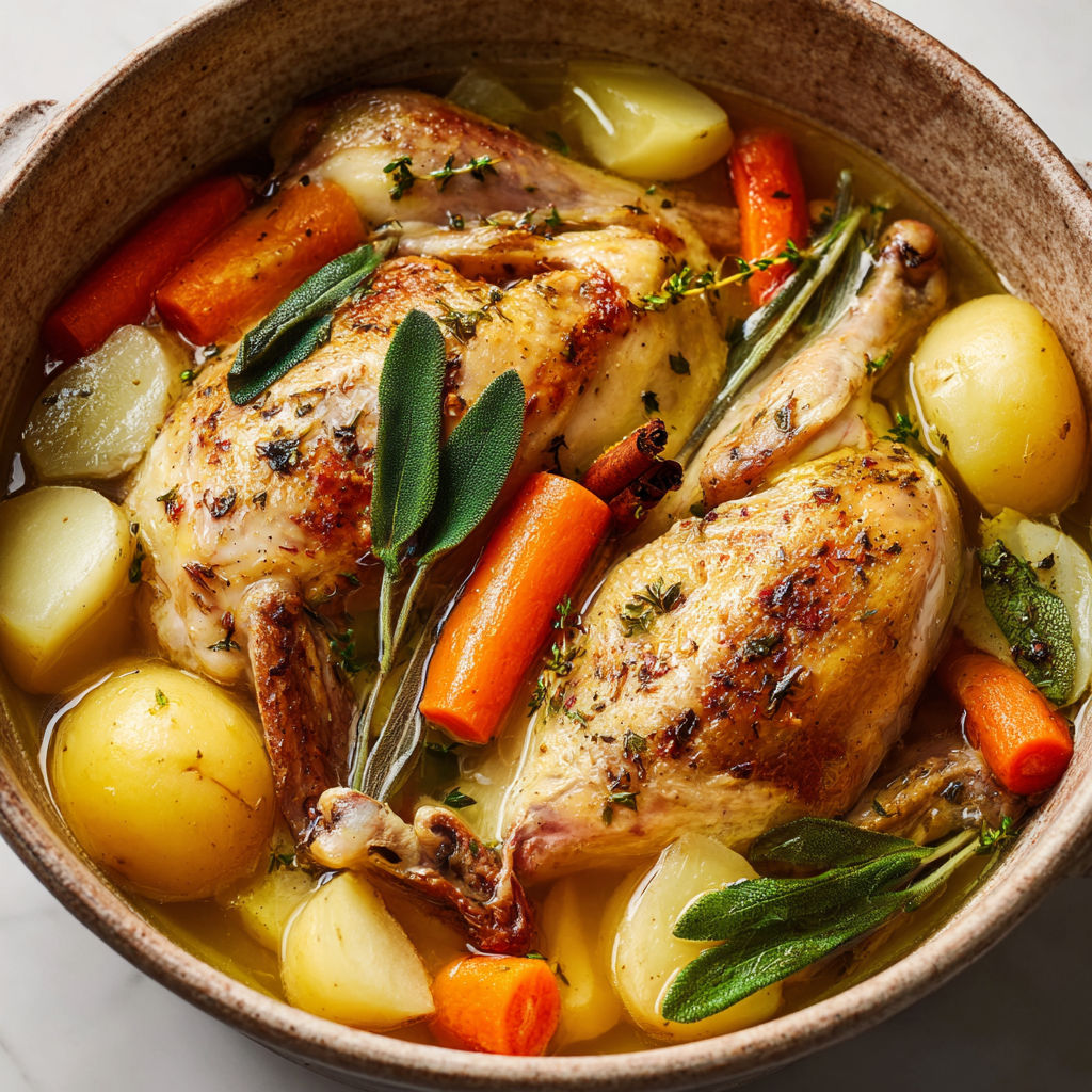Pot-au-feu de coquelets aux navets, rattes et épices douces.