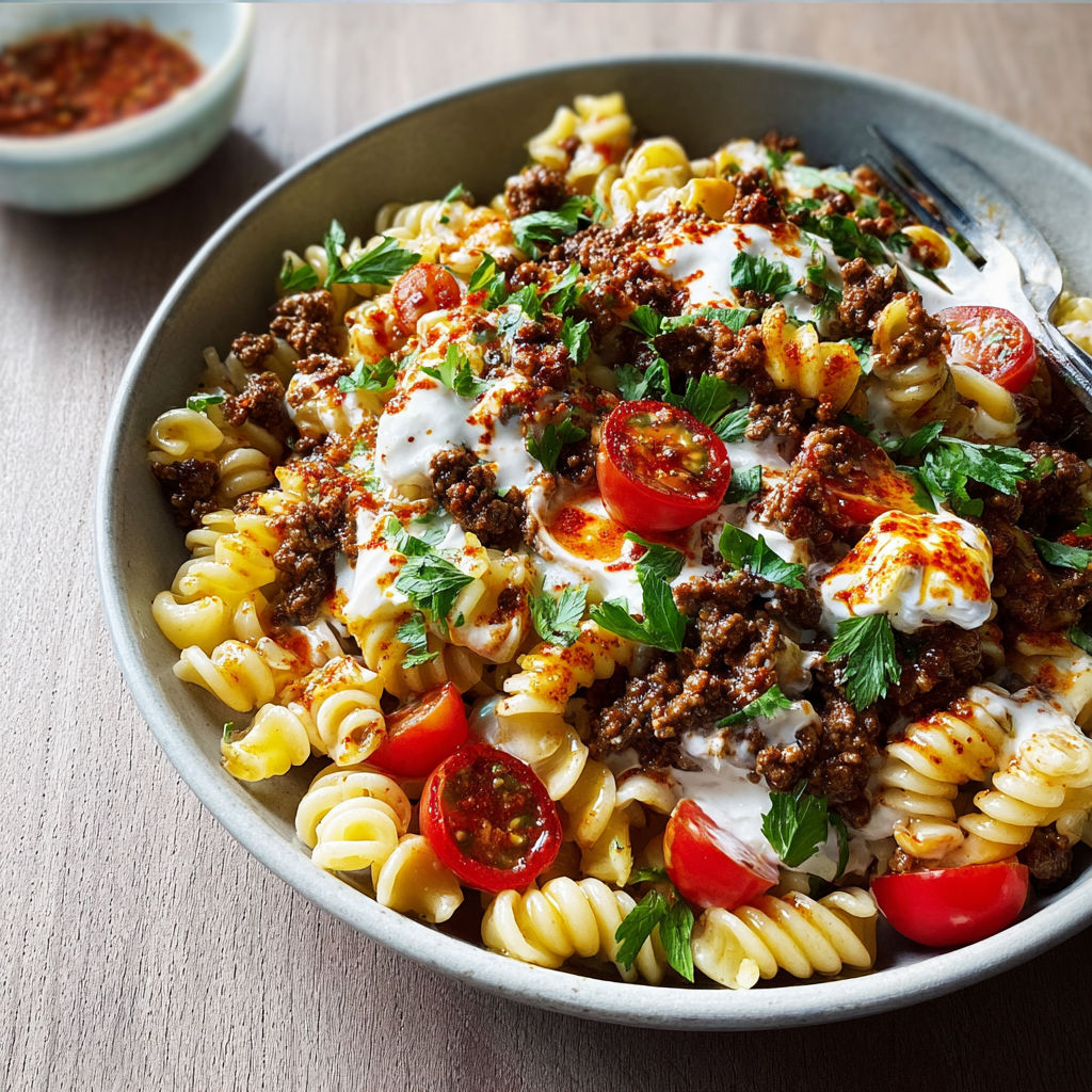 Une assiette de pâtes à la turque avec des tomates, des épinards et des tomates séchées.
