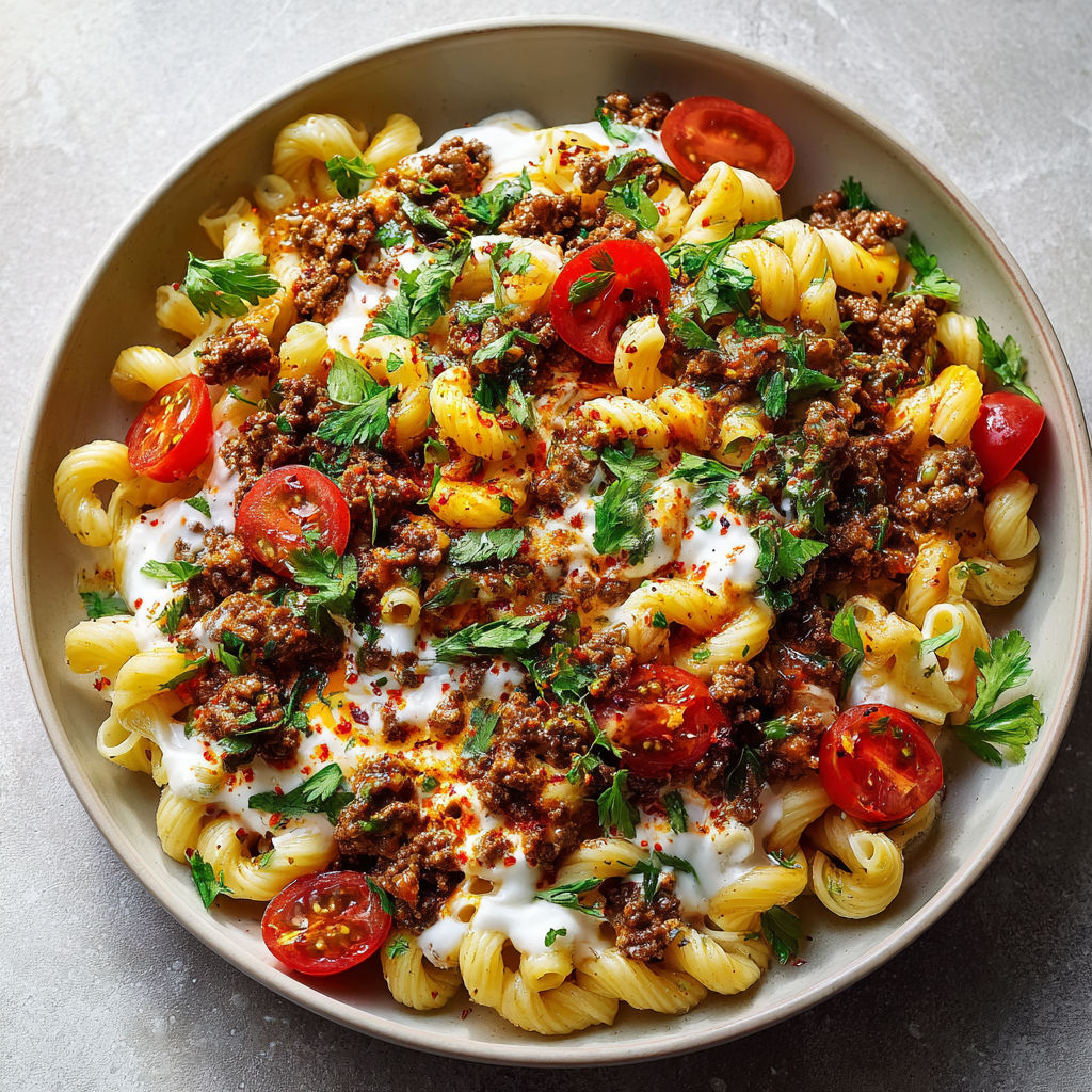 Une recette de Pâtes façon Istanbul, viande dorée et sauce crémeuse au yogourt.