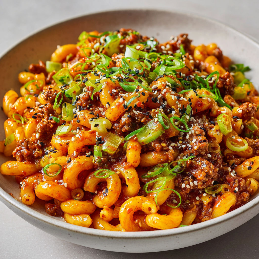 Un plat de macaronis au bœuf et au gochujang, avec des herbes vertes et des grains de riz.