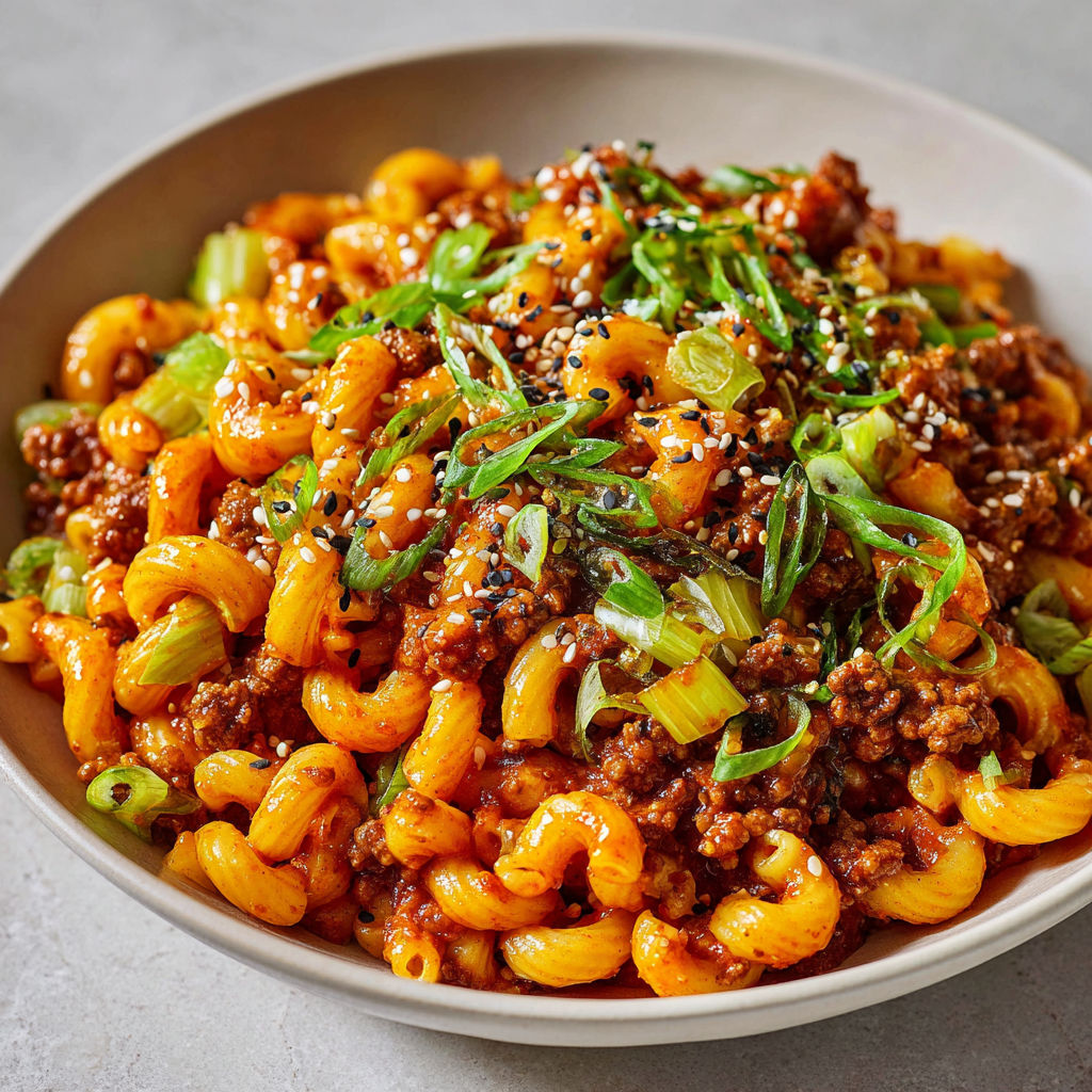 Une recette de Macaronis coréens au bœuf, gochujang épicé et sésame croquant.