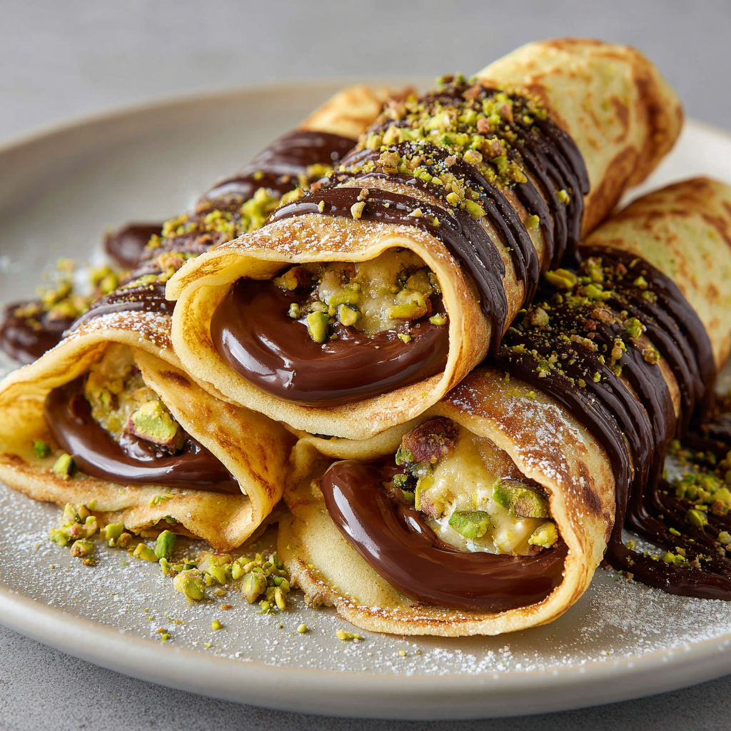 Les crêpes façon Dubaï au chocolat sont présentées sur un plateau en pâte brisée, garnies de chocolat et de crème.