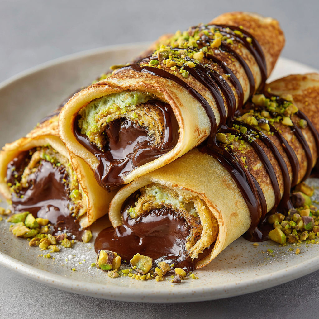 Crêpes Dubaï chocolat-pistache, ganache fondante et cœur croustillant.