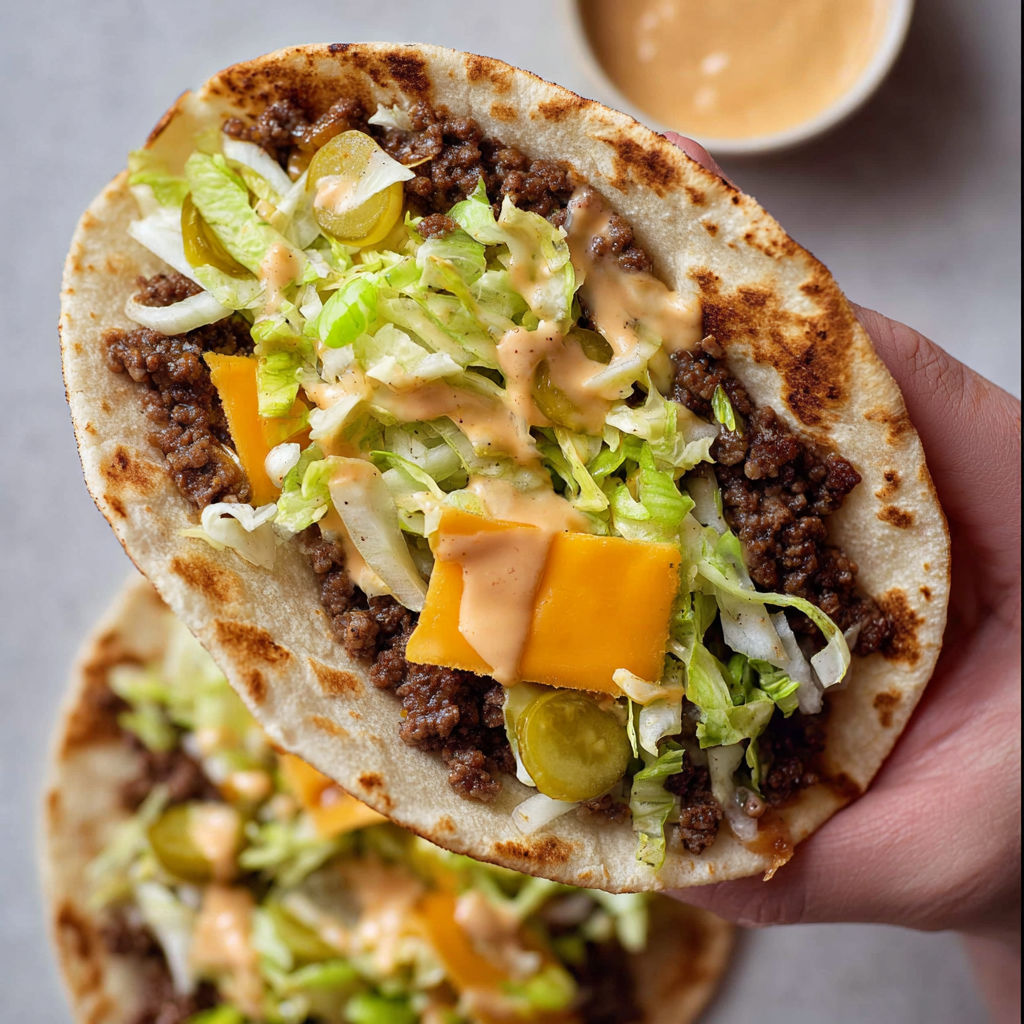Une taco-burgère est présentée dans une main, avec des ingrédients tels que du fromage, du concombre et des épinards.